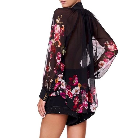 Camilla Mirror Mirror Raglan Button Up Shirt Black Floral Sheer Silk Blouse Sz L - Picture 2 of 16